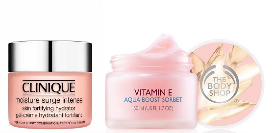 Moisture Surge, da Clinique (aqui na sua versão para peles secas) e Aquaboost Sorbet, da The Body Shop: géis-cremes deliciosamente refrescantes – e super-hidratantes.